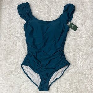 NWT Eomenie Blue One Piece Swimsuit Criss Cross Keyhole Back Size L